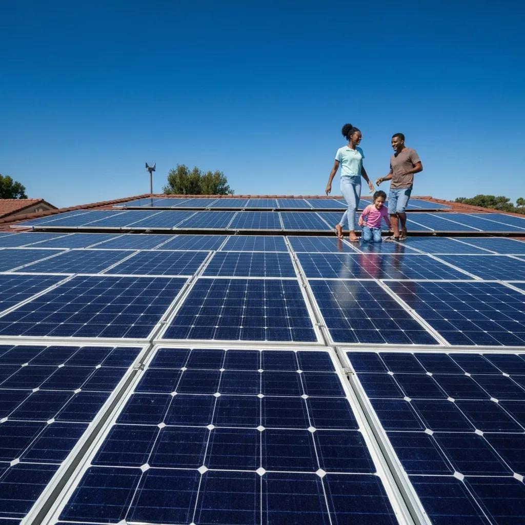 Residential rooftop with solar panels under a clear blue sky, representing energy independence and savings