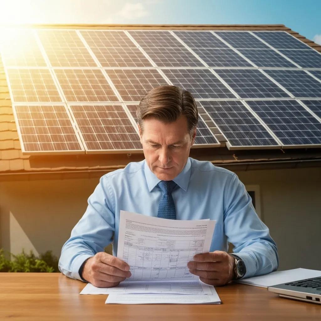 Homeowner reviewing tax documents with solar panel in the background, highlighting savings from the federal tax credit